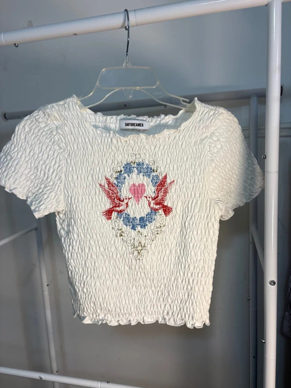 Daydreamer Smocked Embroidered Crop Top - Size XS Heart & Birds